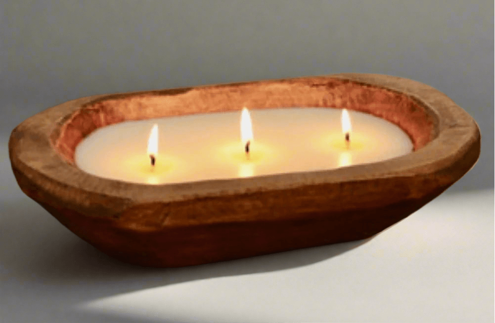 Mahogany Teakwood Scented wooden dough bowl candle for sale online.