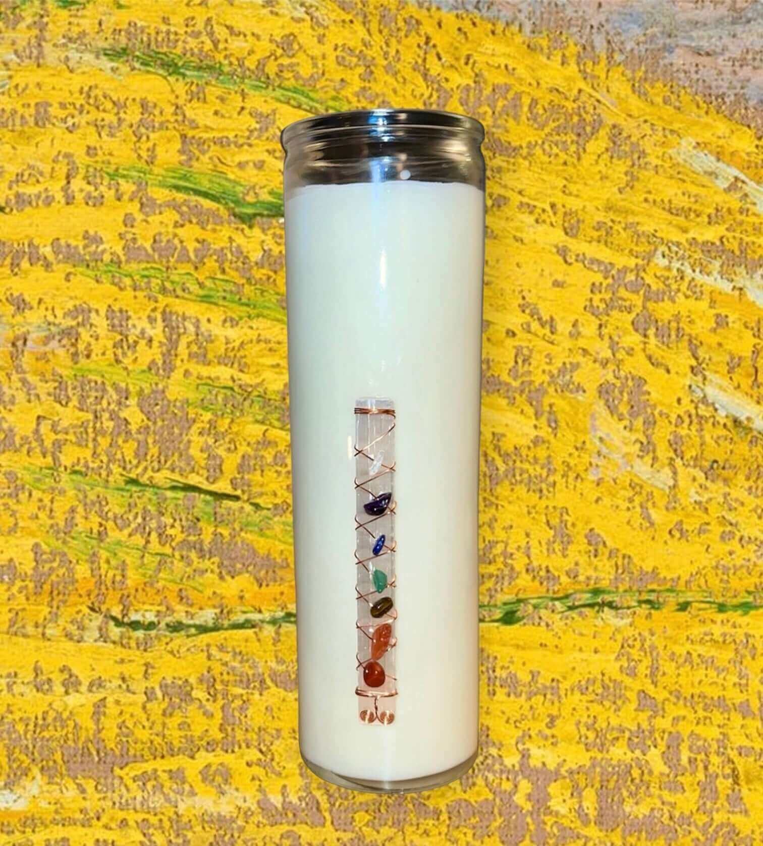Custom Made Candles & Wax Melts - Tall white candle with a decorative gemstone design.