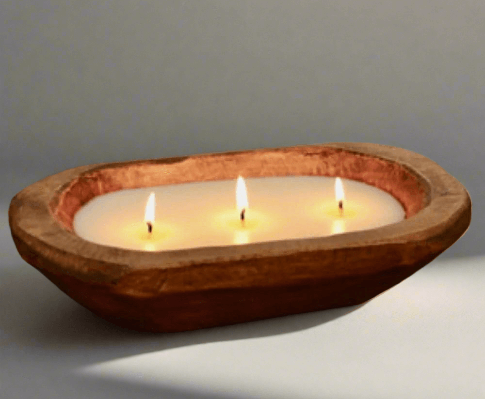 Mahogany Teakwood Scented wooden dough bowl candle for sale online.