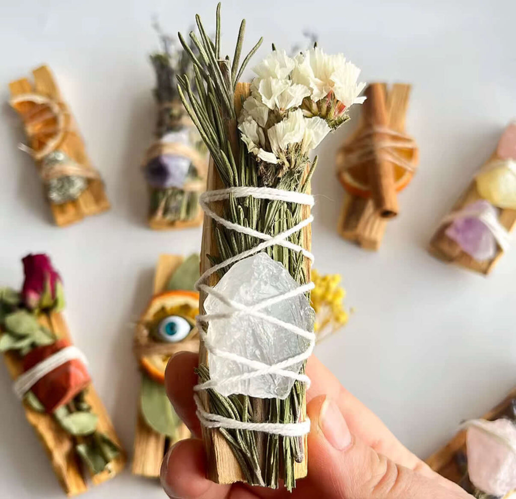 Rosemary & Myosotis Smudge Stick with Clear Quartz & Palo Santo