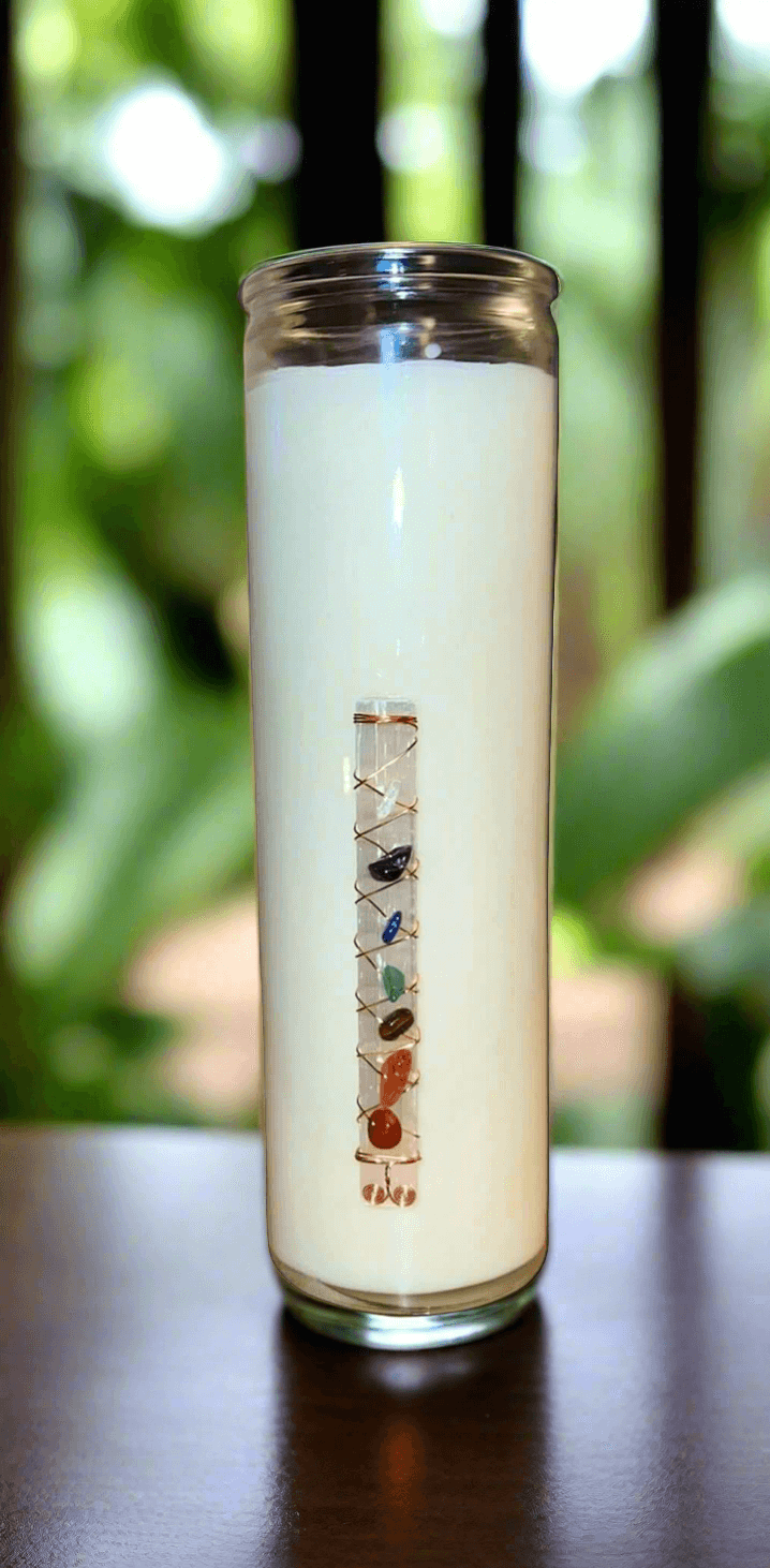 Buy chakra crystal prayer candles online. Scented soy-coco wax blends.