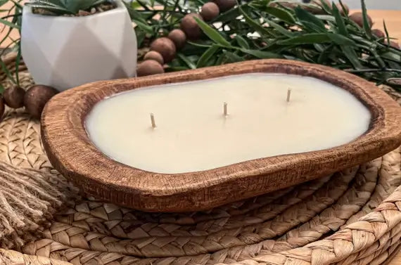 Mahogany Teakwood Scented wooden dough bowl candle for sale online.