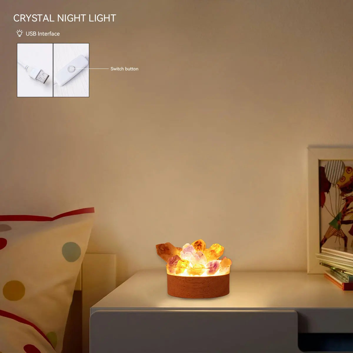 Natural Crystal Cluster Glow Lamp | Amethyst & Citrine-Style Crystal Night Light