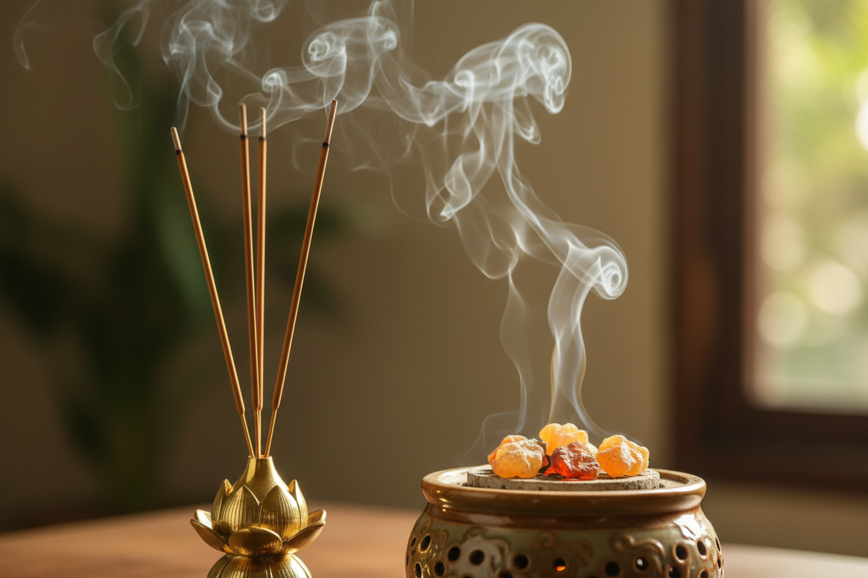 incense sticks and raw resins burning