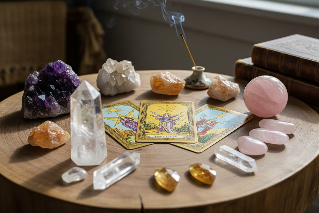 tarot cards and crystals